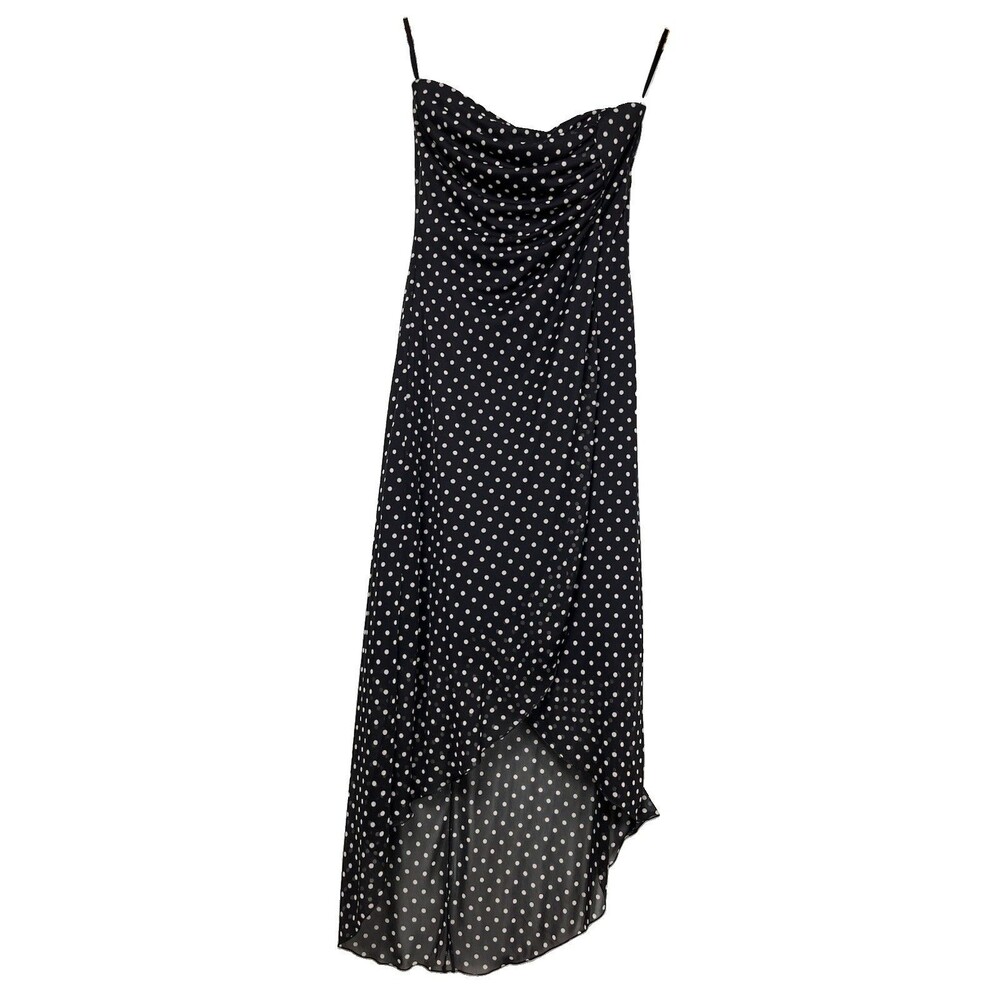 VTG 90s Byer Too Chiffon Asymmetric Hem Strapless Polka Dot Blk Dress M USA Y2K
